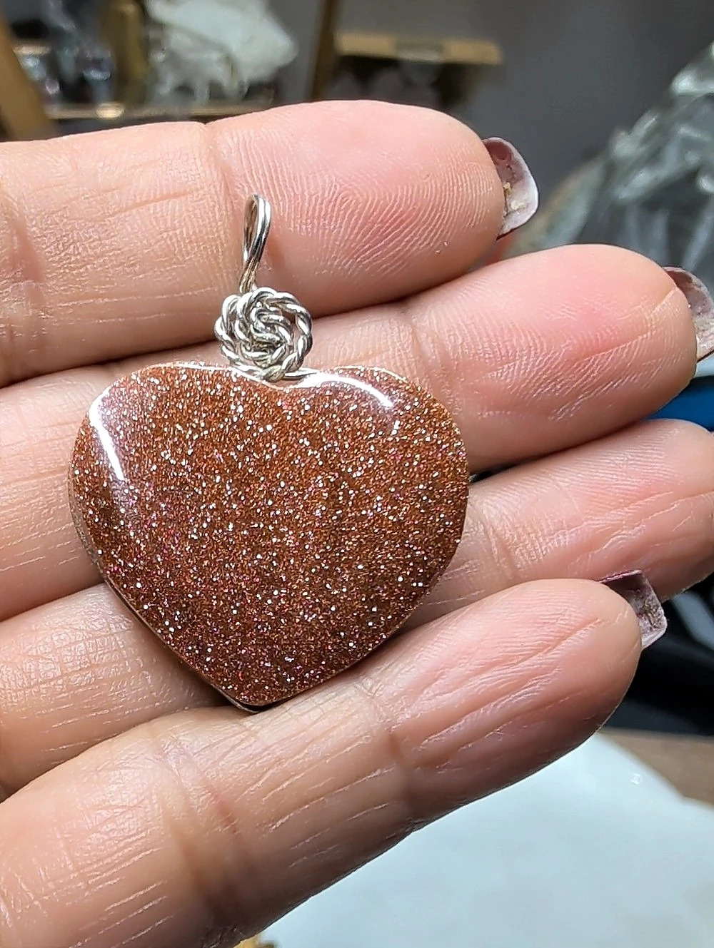 Brown Glitter Goldstone Heart Pendant